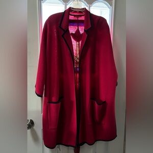 French Red, Black Trim Knitted Open Jacket Coat